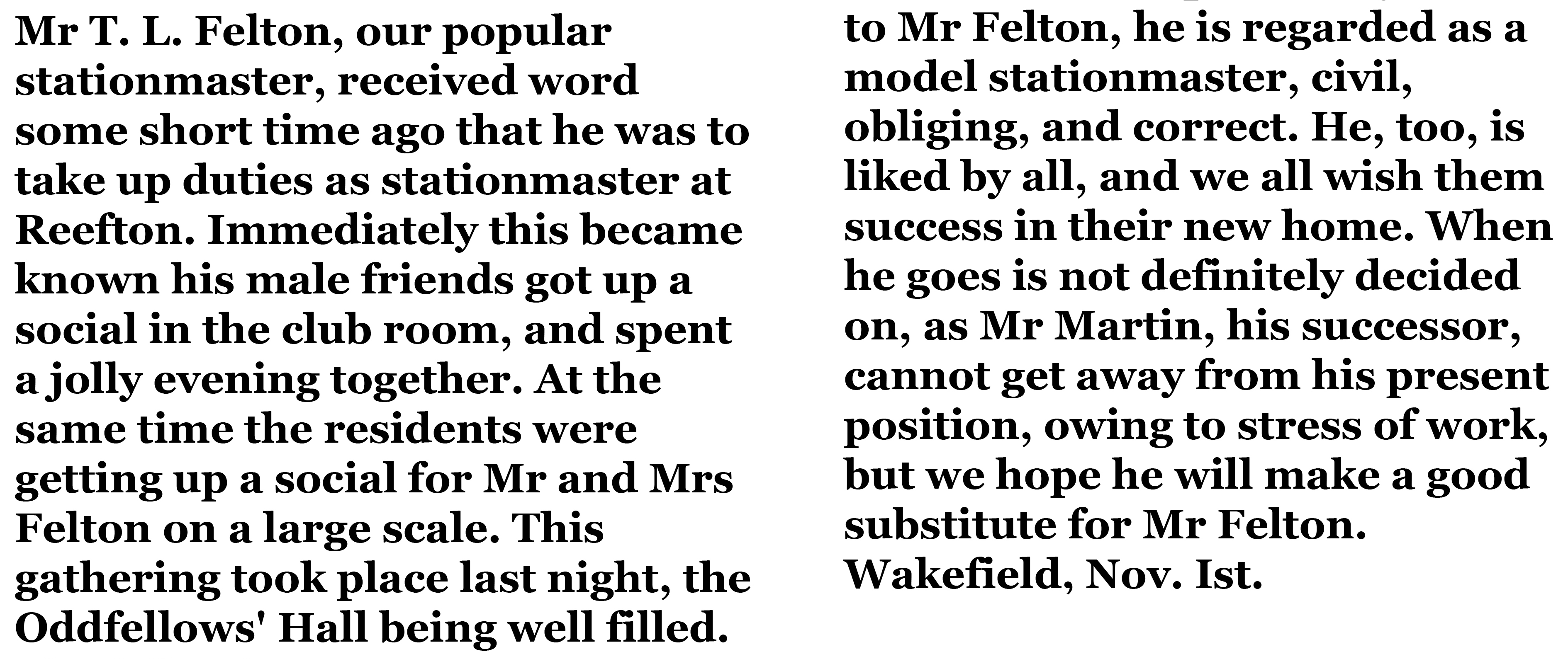 scanned print about the farewell social for the Feltons, 1902.