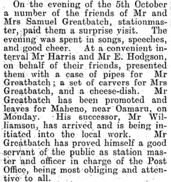 Scanned print of a farewell to Samuel Greatbatch, 1908.