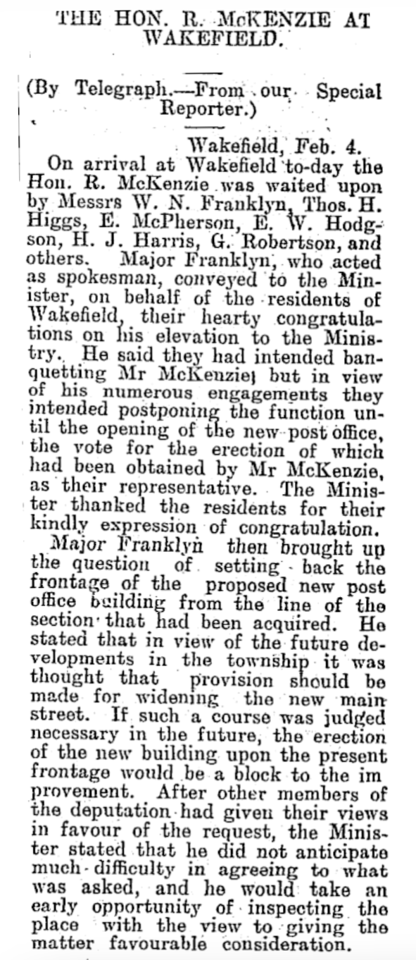 Scanned print about the Hon. R McKenzie in Wakefield, 1909.