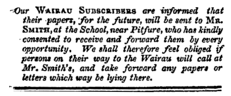 Scanned print of the notice of teacher J T Smith consenting to postal services for Wairau residents, 1849.