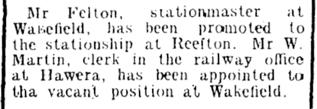 Scanned print of the appointment of Mr W Martin from Hawera as Felton’s replacement, 1902.