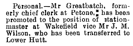 Scanned print of a notice detailing Samuel Greatbatch replacing JM Wilson at Wakefield Station, 1907.