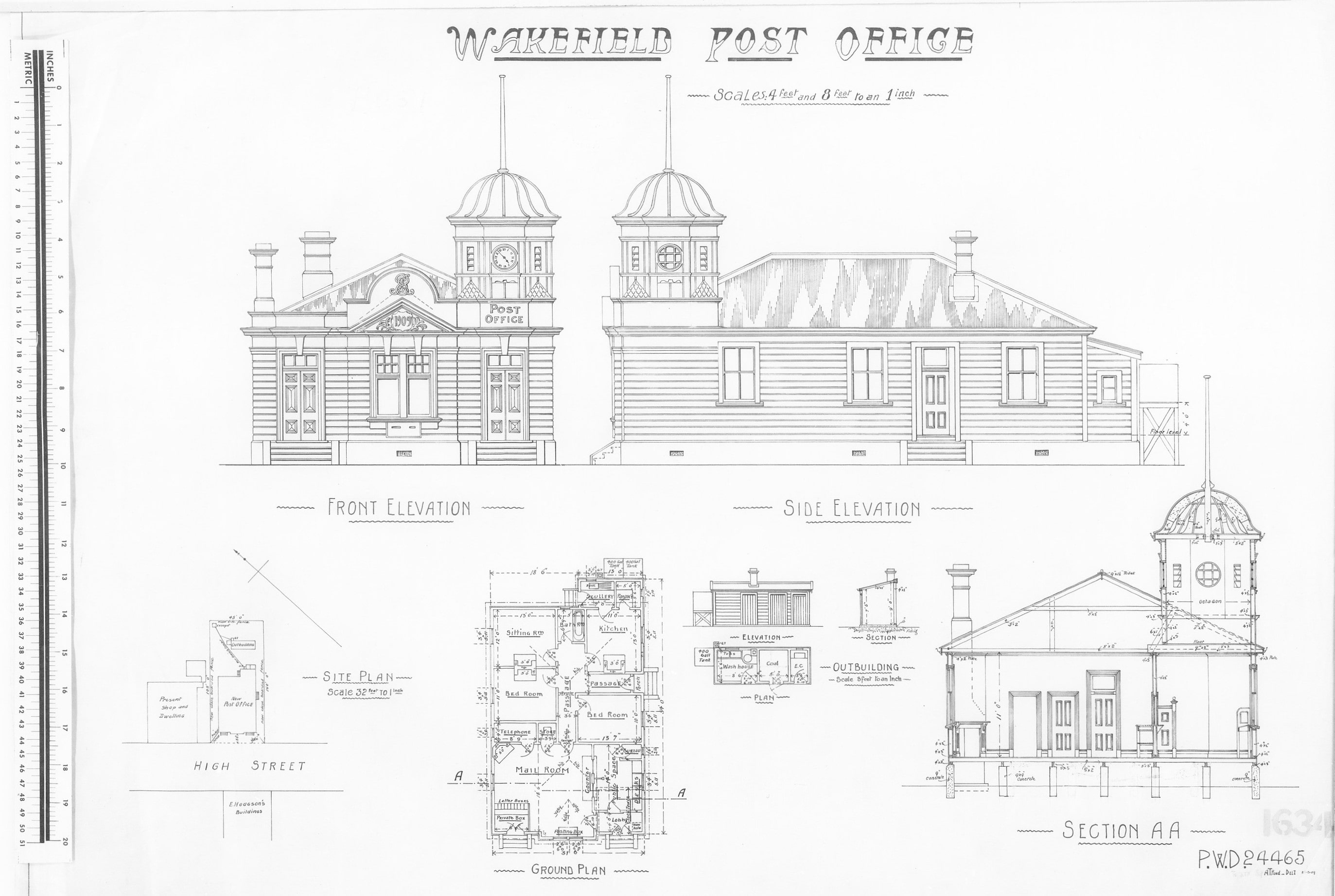 Scanned drawings of the plan to elevation and section the Wakefield Post Office, 1909.