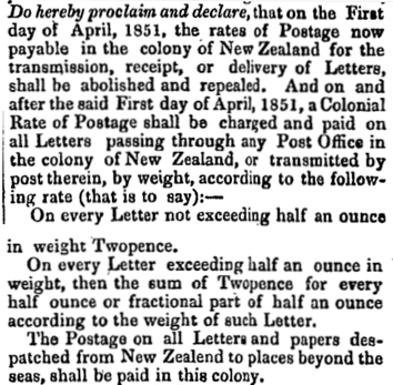 Scanned print of the proclamation by Governor Grey regarding Rates of Postage, 1851.