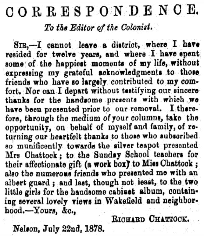 Scanned print of Richard Chattock's letter of thanks to Wakefield community prior to moving to Reefton, 1878.
