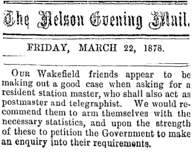 Scanned newspaper article from The Nelson Evening Mail in support for Wakefield petition, 1878.